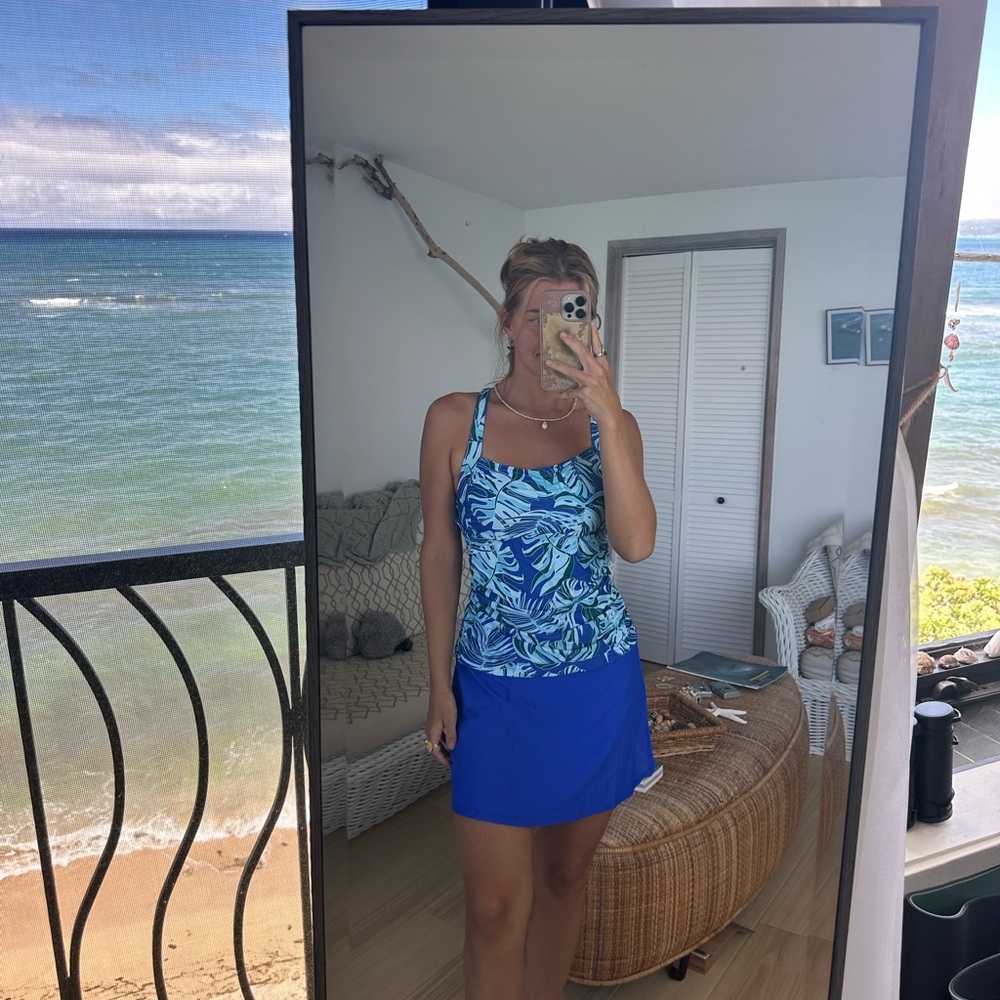 Blue Tropical Print Tankini and swim Skirt Set